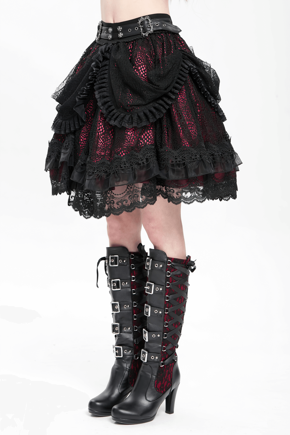 Gothic Lace Skirt with Black Ruffles and Layered Design