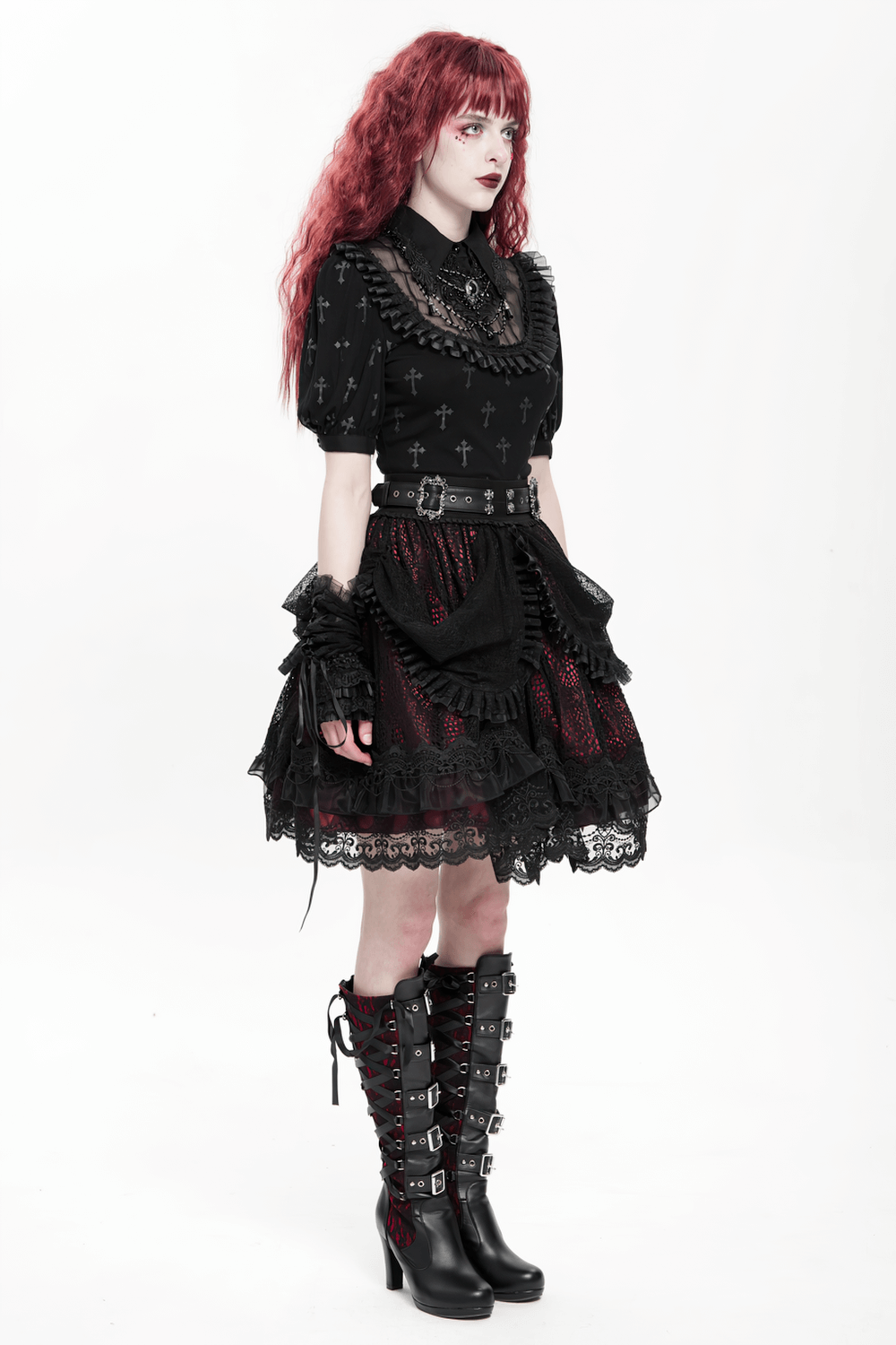 Gothic Lace Skirt with Black Ruffles and Layered Design