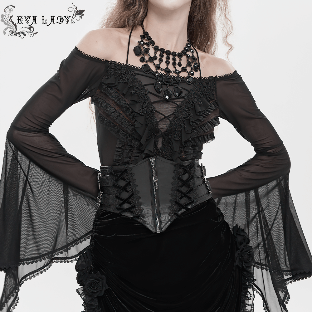 Gothic Lace-Up Black Corset Waist Belt with Cross Details