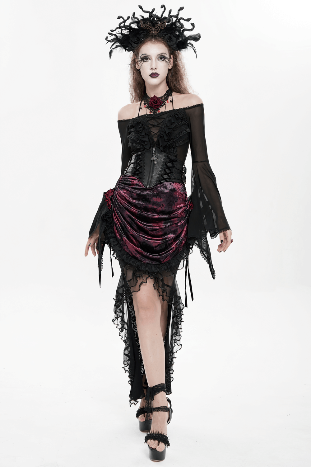 Gothic Lace-Up Black Corset Waist Belt with Cross Details