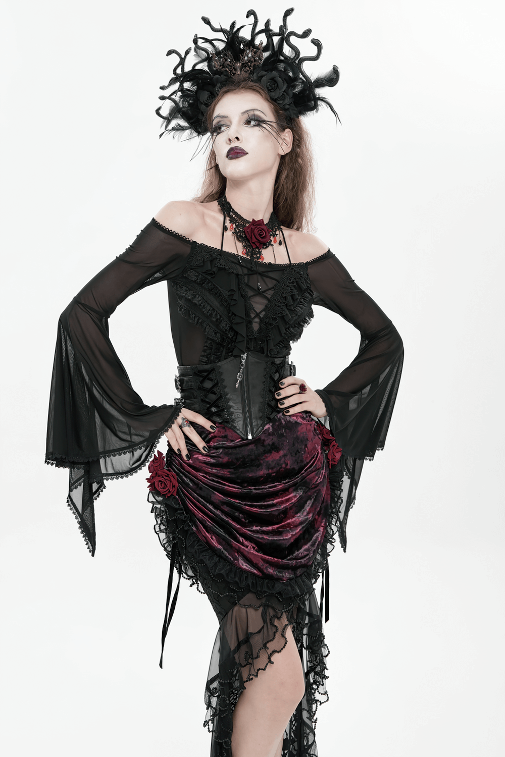 Gothic Lace-Up Black Corset Waist Belt with Cross Details