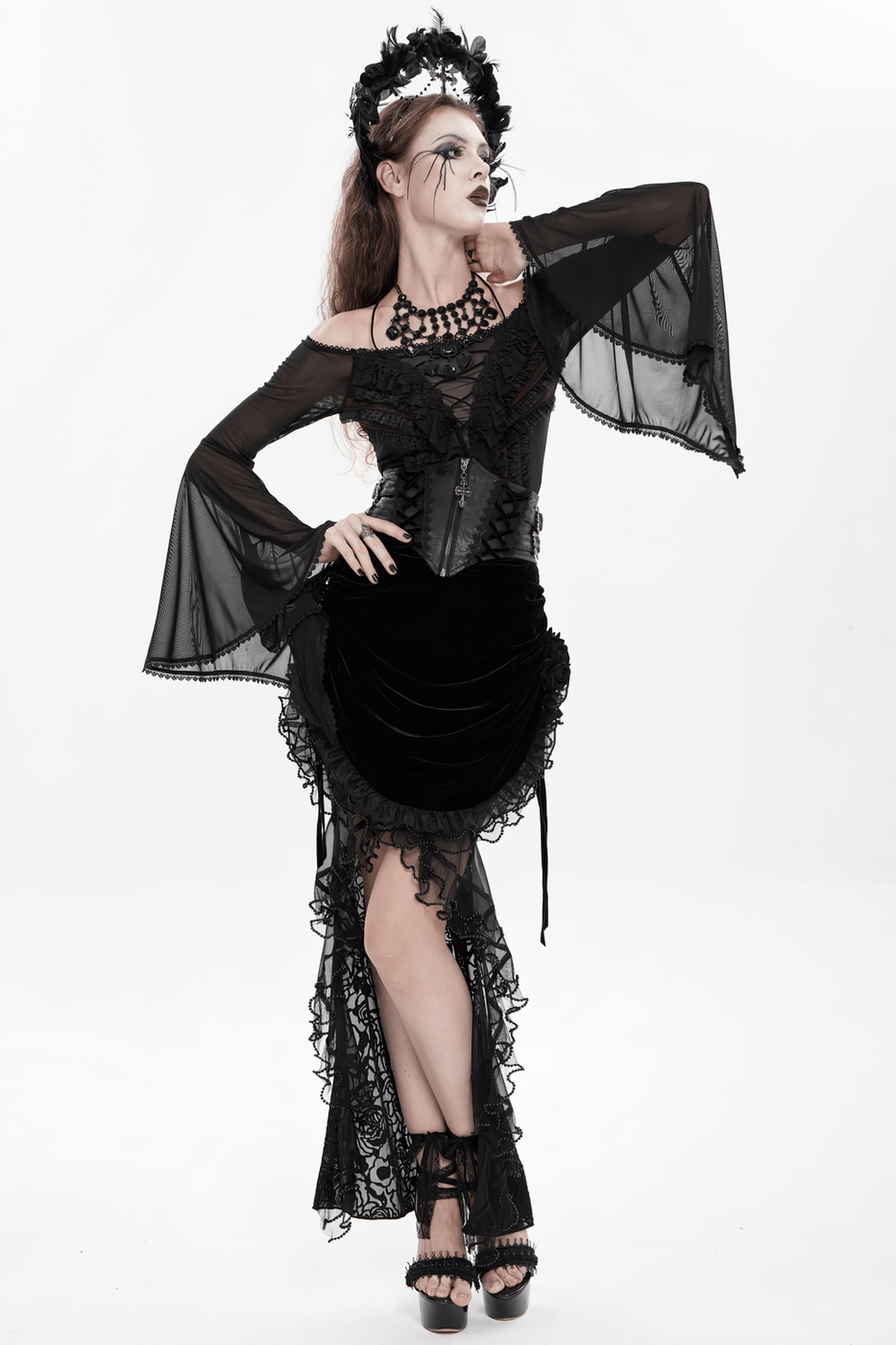 Gothic Lace-Up Black Corset Waist Belt with Cross Details
