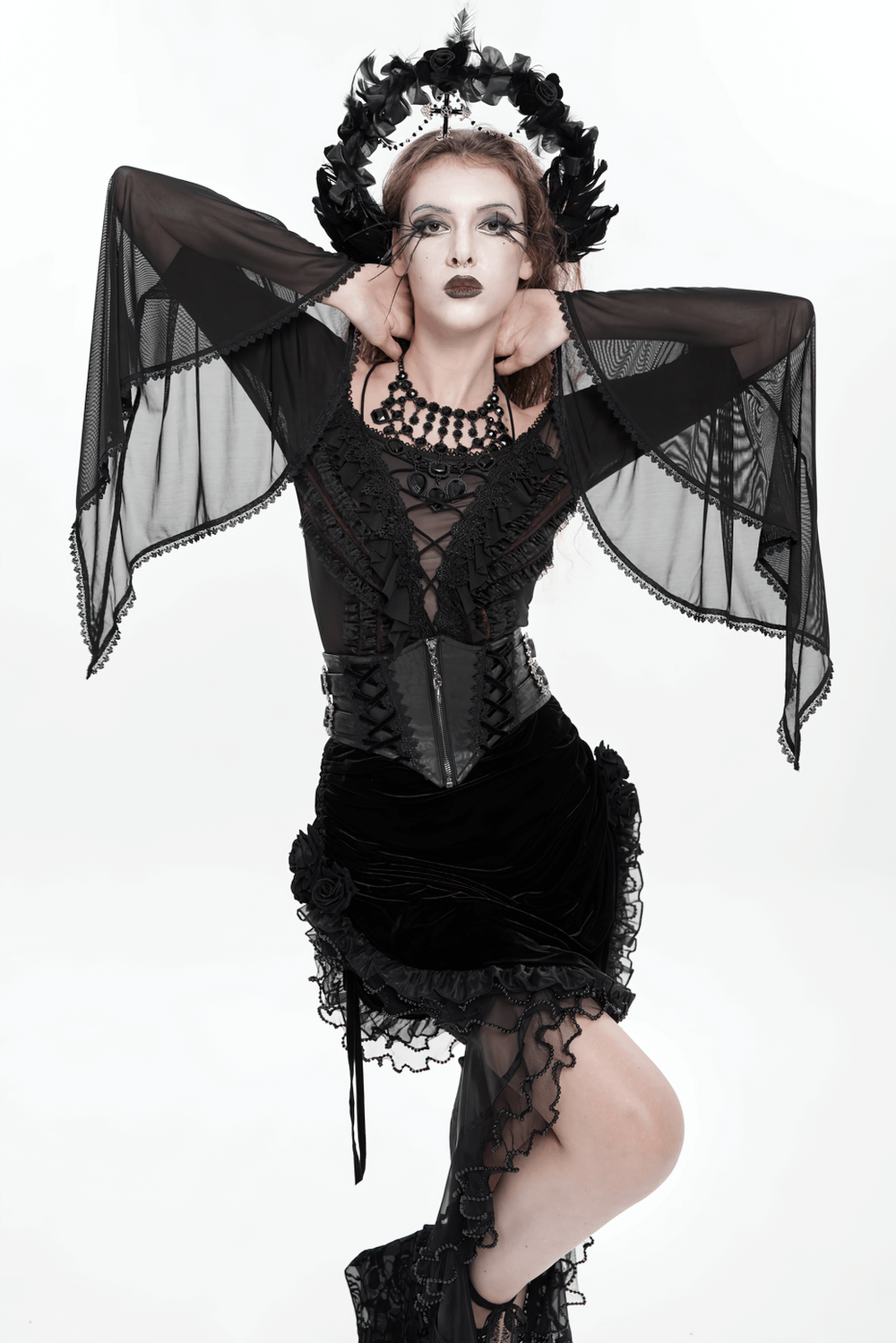 Gothic Lace-Up Black Corset Waist Belt with Cross Details