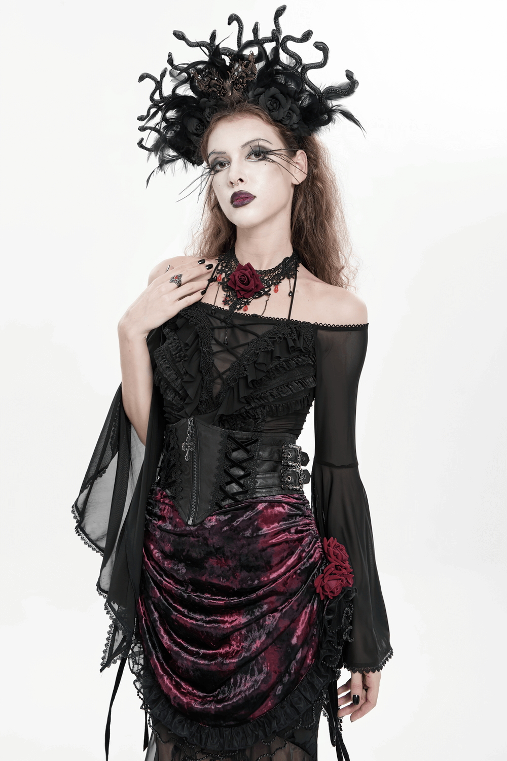Gothic Lace-Up Black Corset Waist Belt with Cross Details