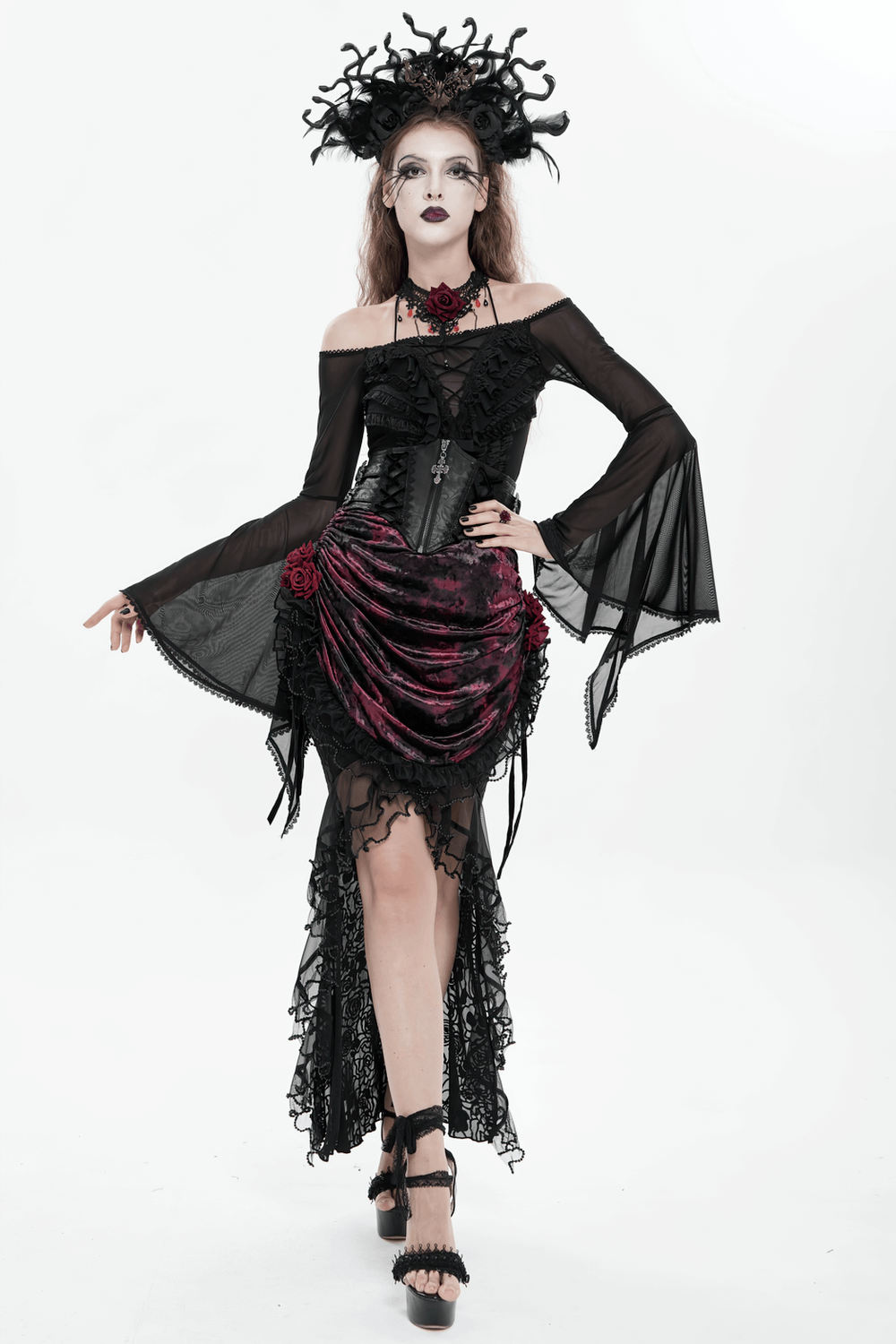 Gothic Lace-Up Black Corset Waist Belt with Cross Details