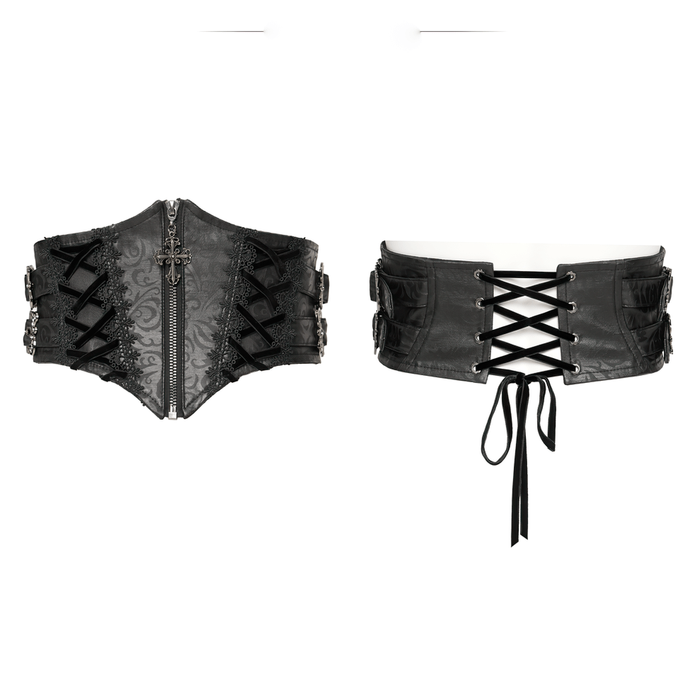 Gothic Lace-Up Black Corset Waist Belt with Cross Details