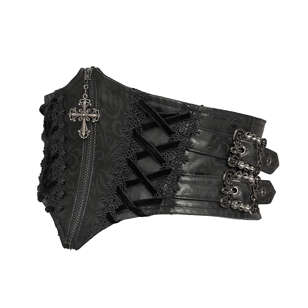 Gothic Lace-Up Black Corset Waist Belt with Cross Details