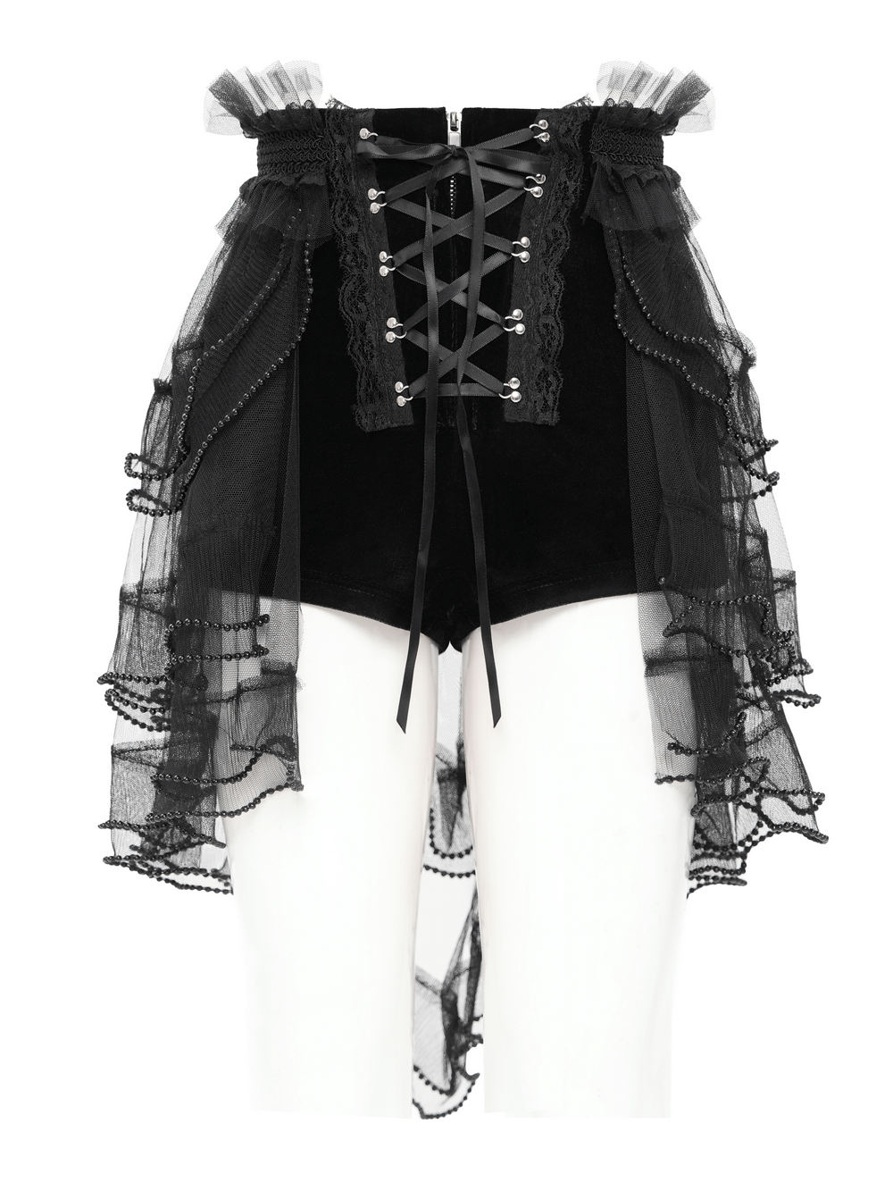 Gothic Lace Up Black Ruffled Shorts with Tie Detail