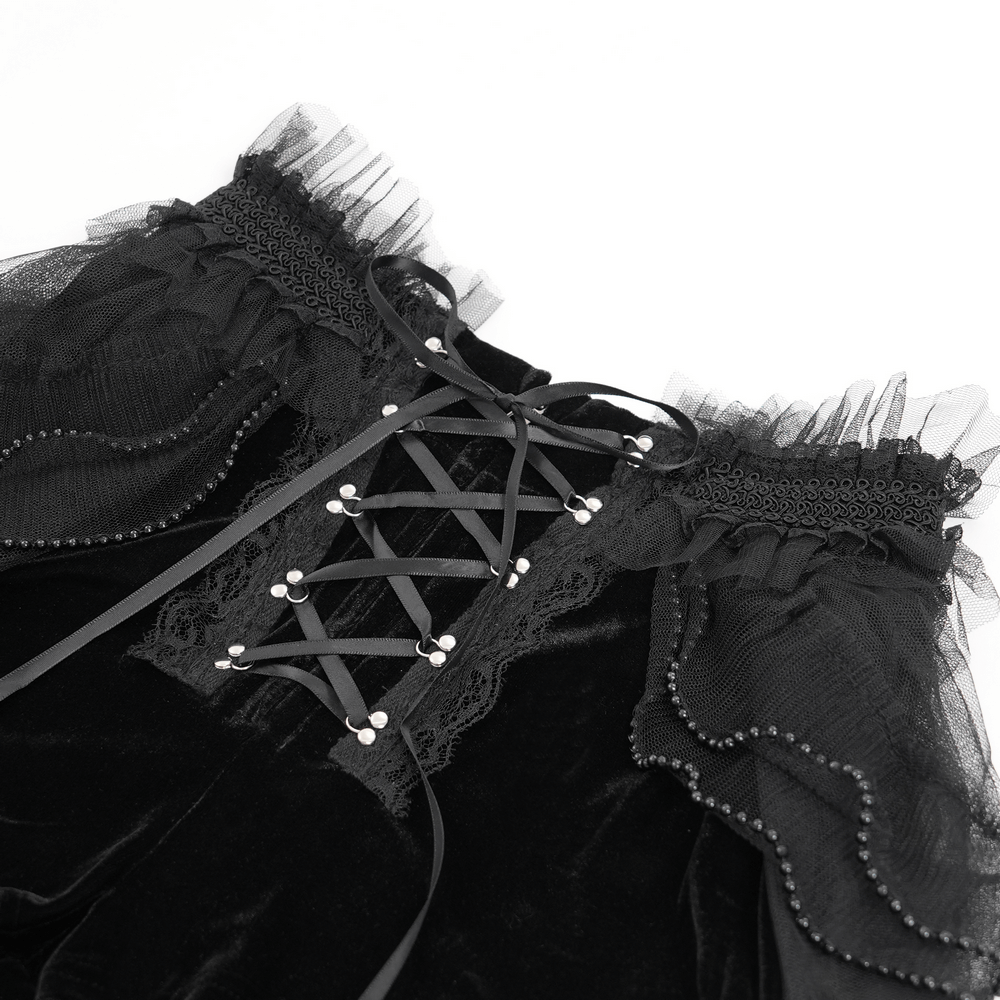 Gothic Lace Up Black Ruffled Shorts with Tie Detail
