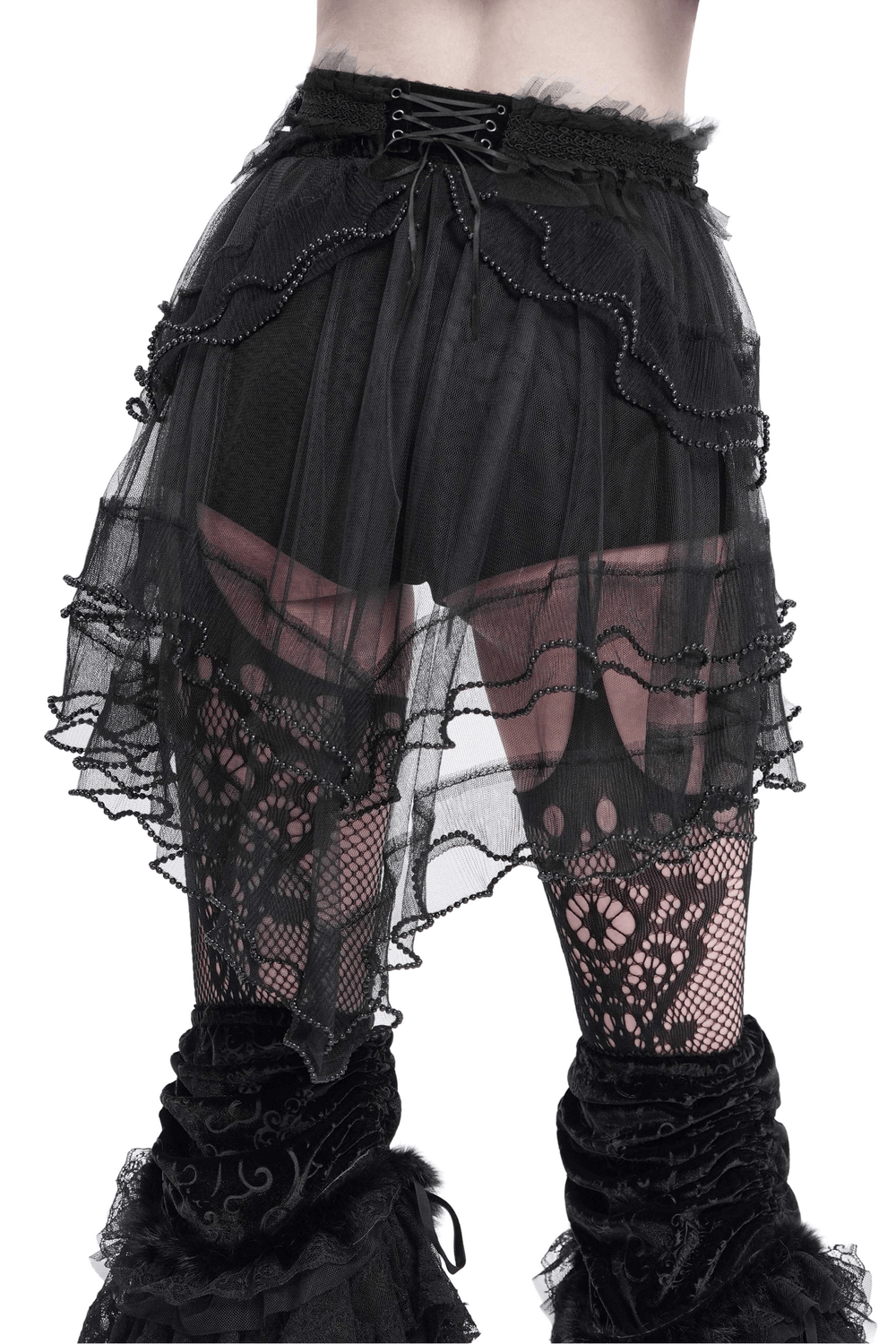 Gothic Lace Up Black Ruffled Shorts with Tie Detail