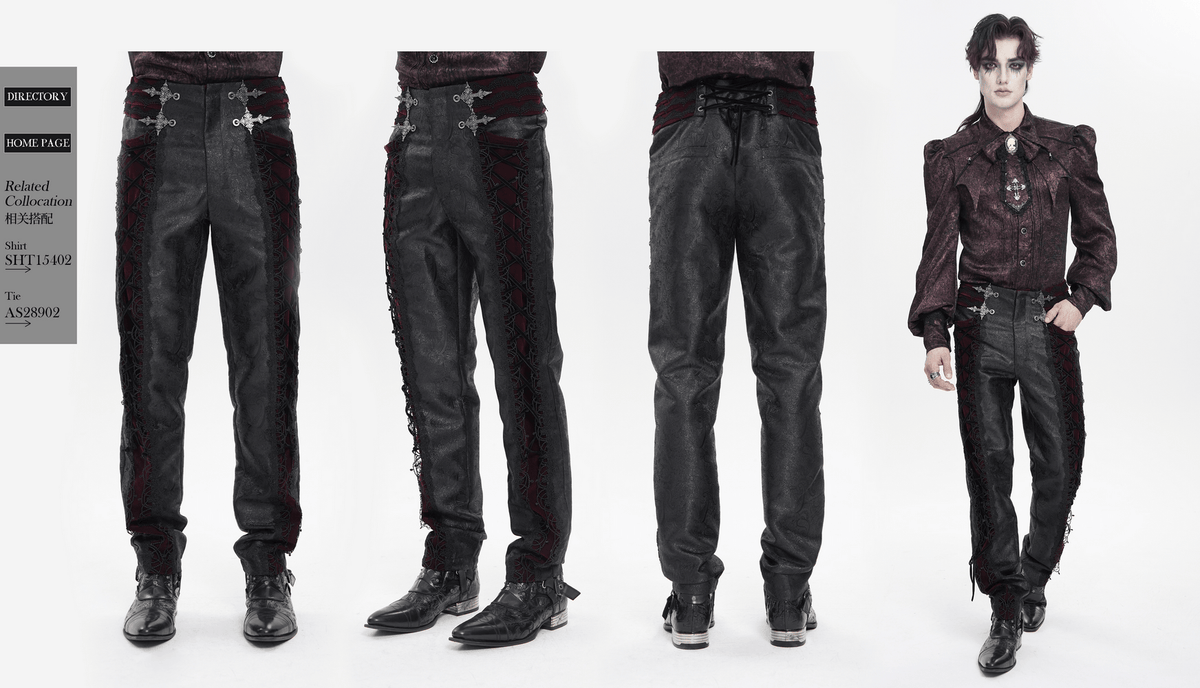 Gothic Lace Up Brocade Pants With Burgundy Panels