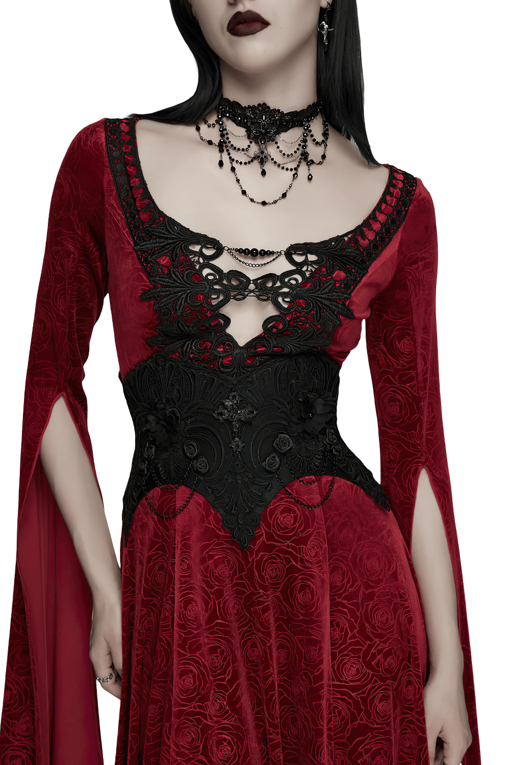 Gothic Lace-Up Corset Belt with Embroidery and Cross Details