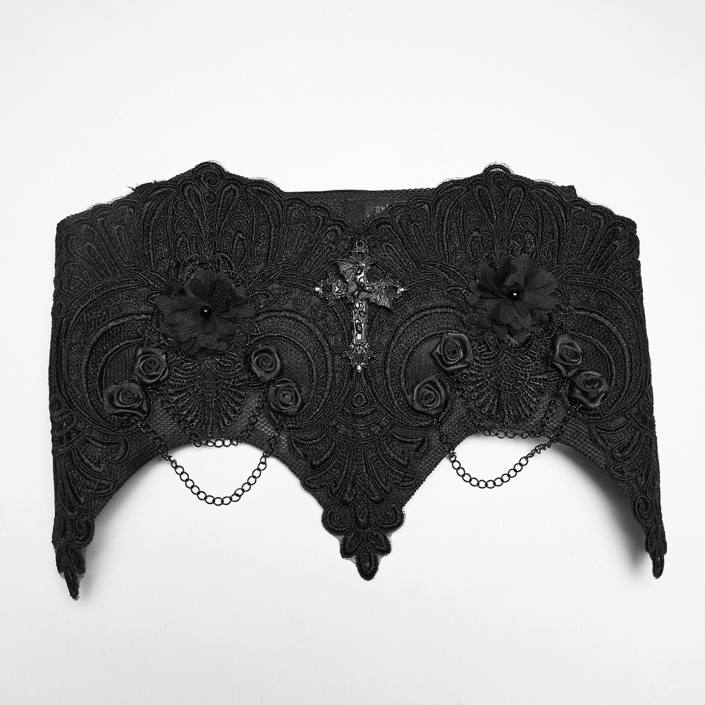 Gothic Lace-Up Corset Belt with Embroidery and Cross Details