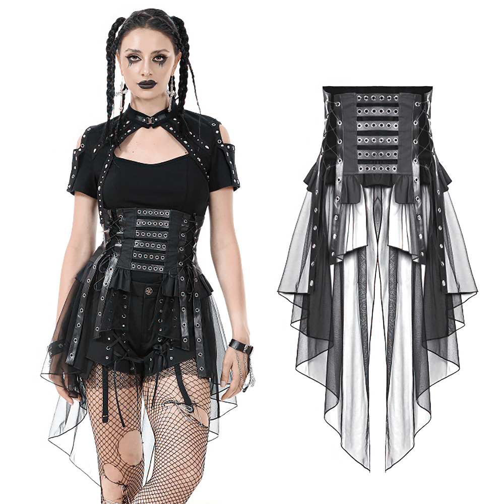 Gothic Lace-Up Corset Belt with Layered Tulle Skirt