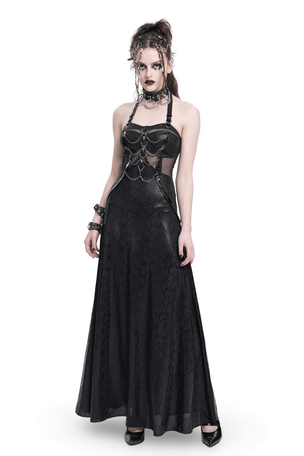 Gothic Lace-Up Maxi Dress with Chain and Corset Details