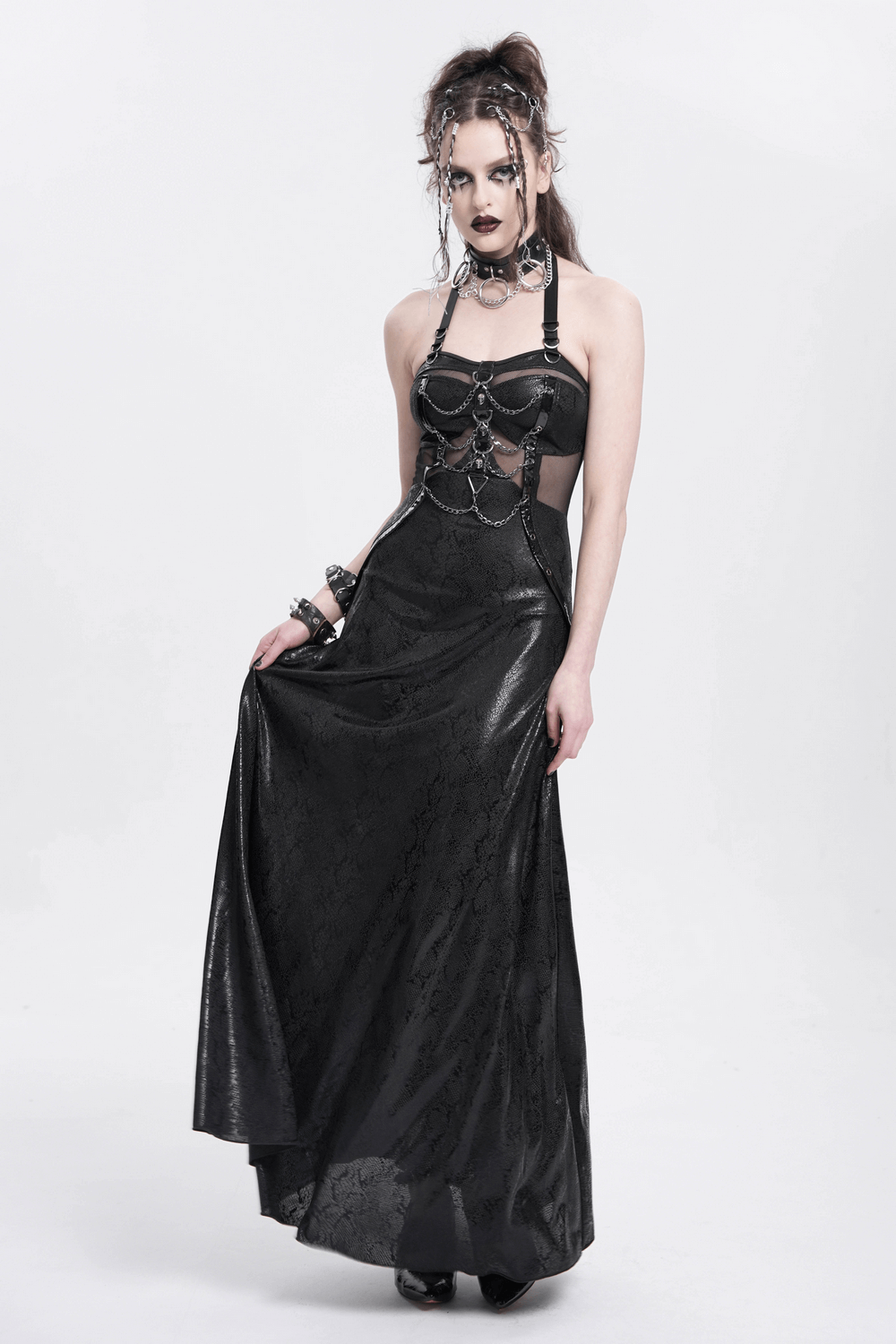 Gothic Lace-Up Maxi Dress with Chain and Corset Details