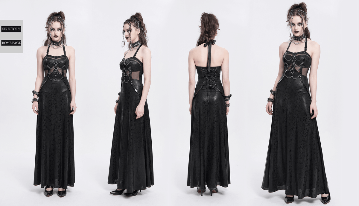 Gothic Lace-Up Maxi Dress with Chain and Corset Details