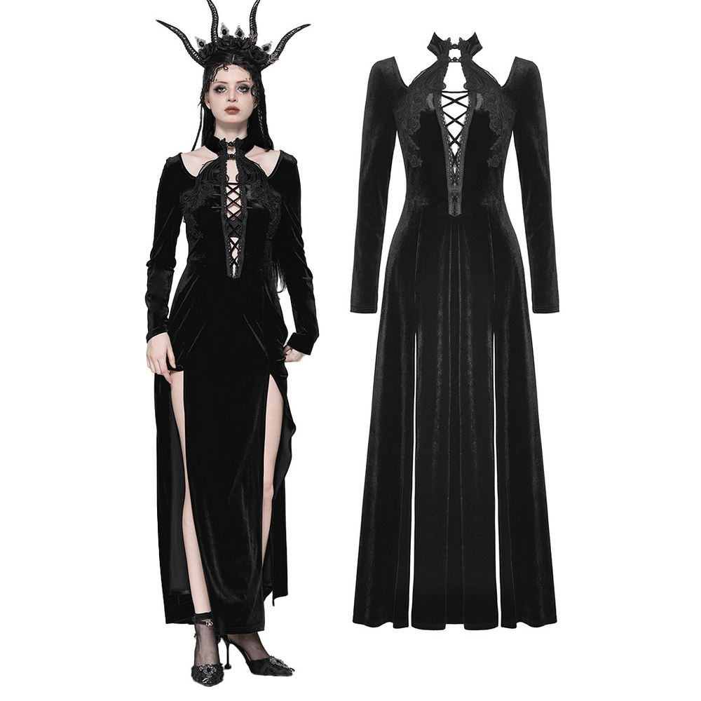 Gothic Lace-Up Velvet Dress with Ruffled Details and Slit