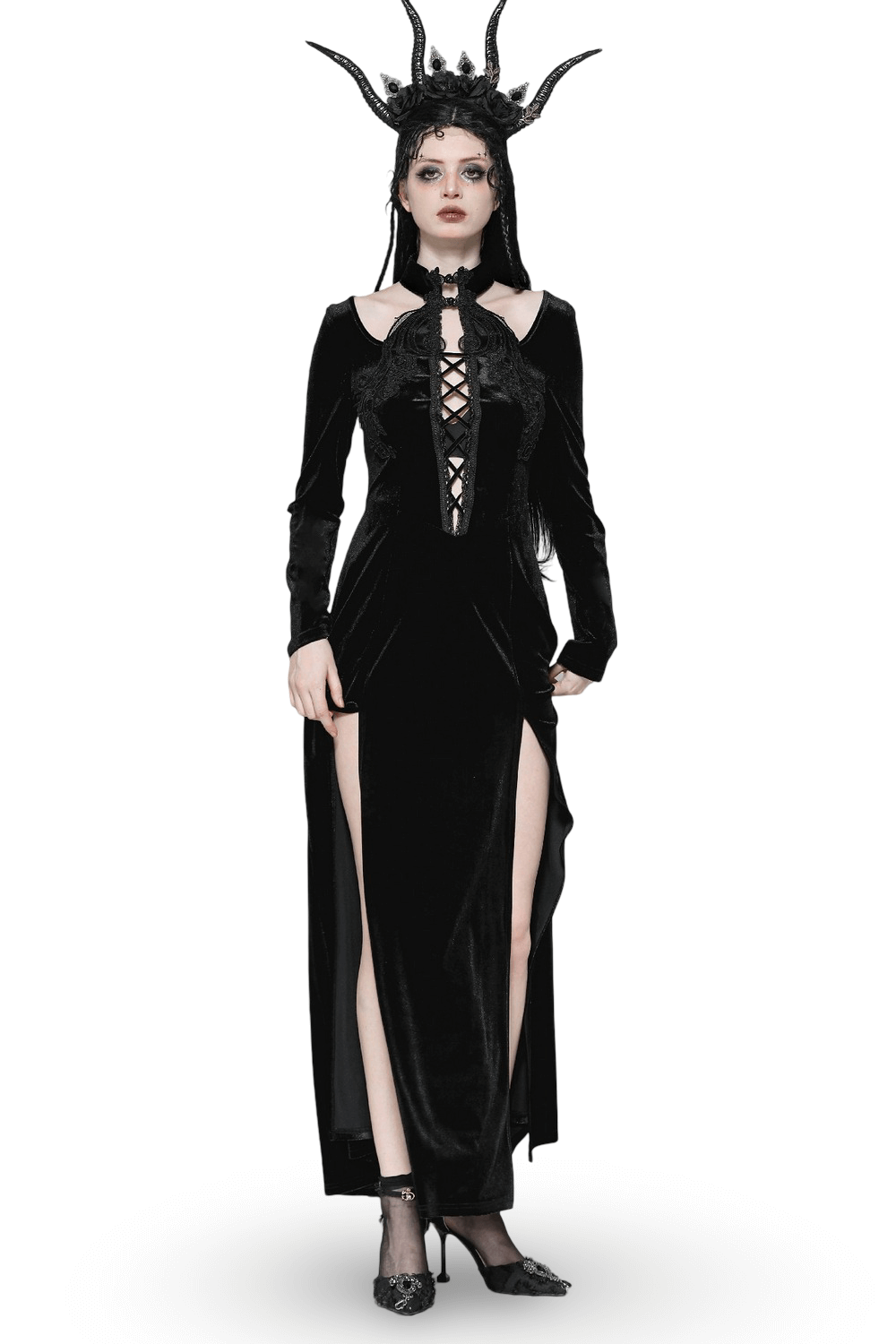 Gothic Lace-Up Velvet Dress with Ruffled Details and Slit