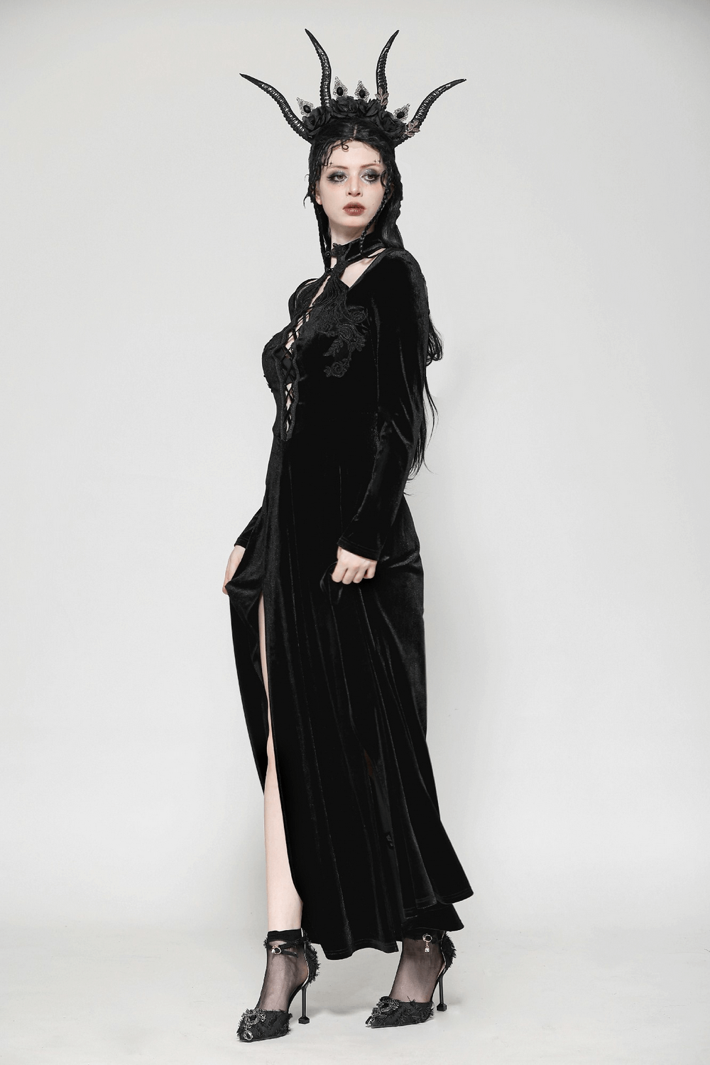 Gothic Lace-Up Velvet Dress with Ruffled Details and Slit
