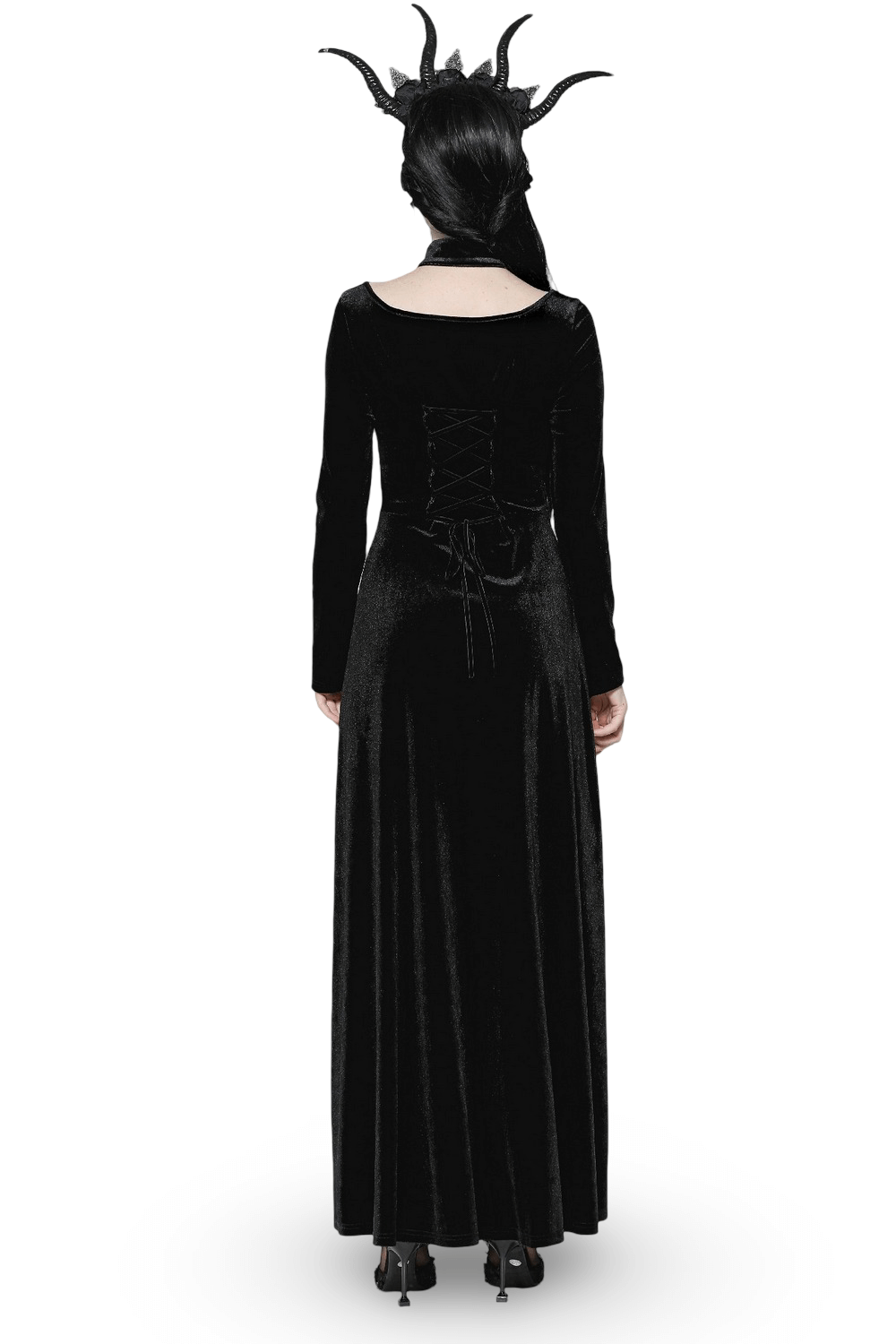 Gothic Lace-Up Velvet Dress with Ruffled Details and Slit
