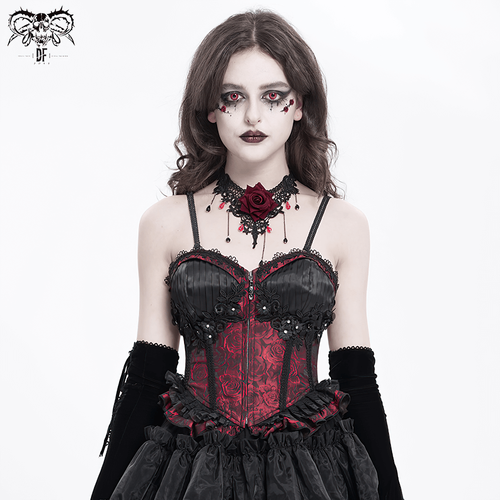 US SALE of Gothic Lace-Up Wine Red Corset with Ruffle Trim and Zipper