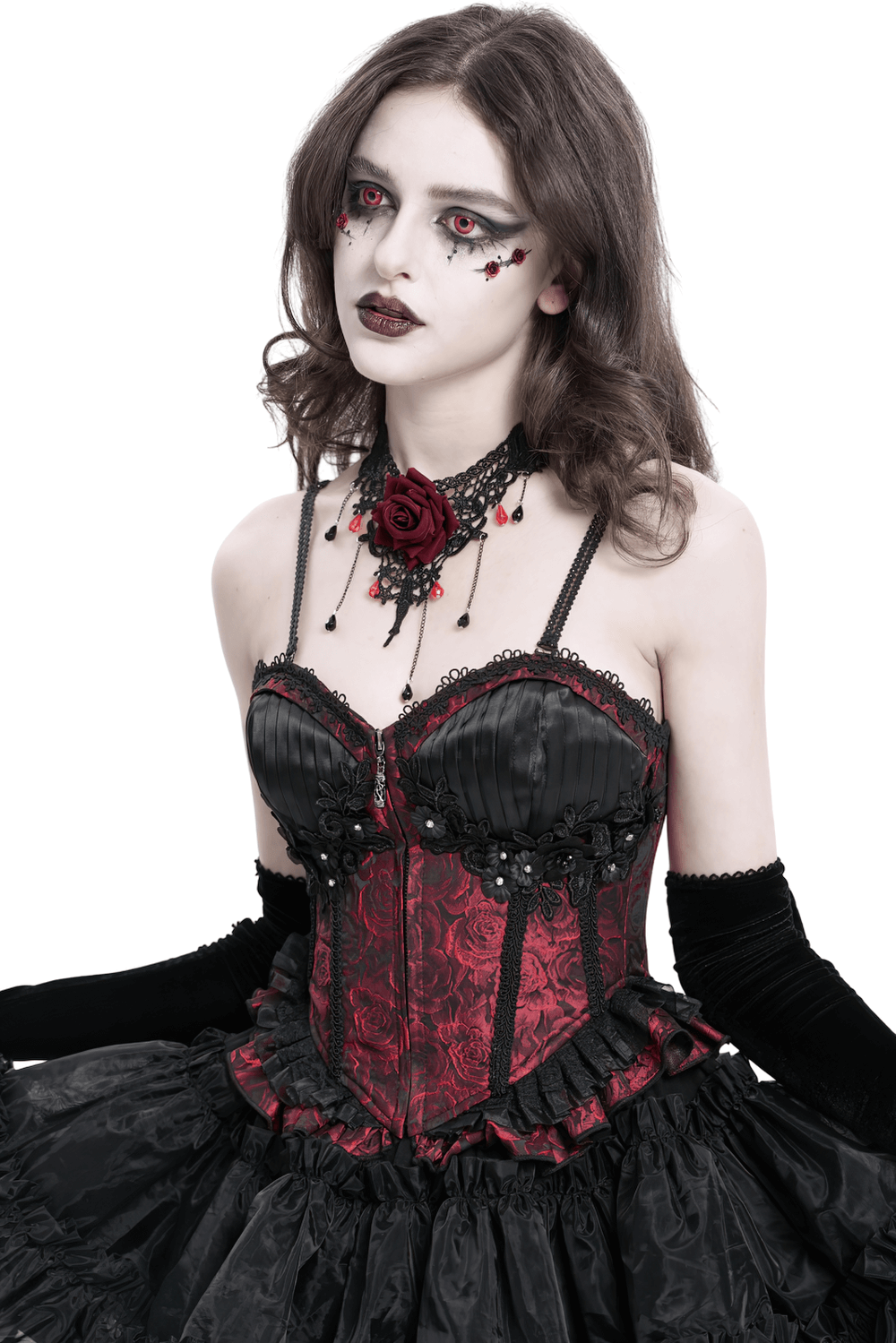 US SALE of Gothic Lace-Up Wine Red Corset with Ruffle Trim and Zipper