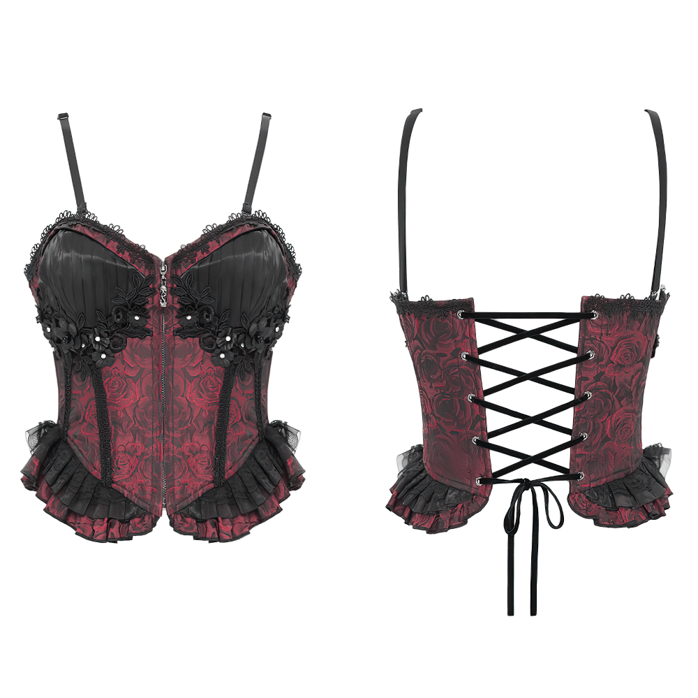 US SALE of Gothic Lace-Up Wine Red Corset with Ruffle Trim and Zipper