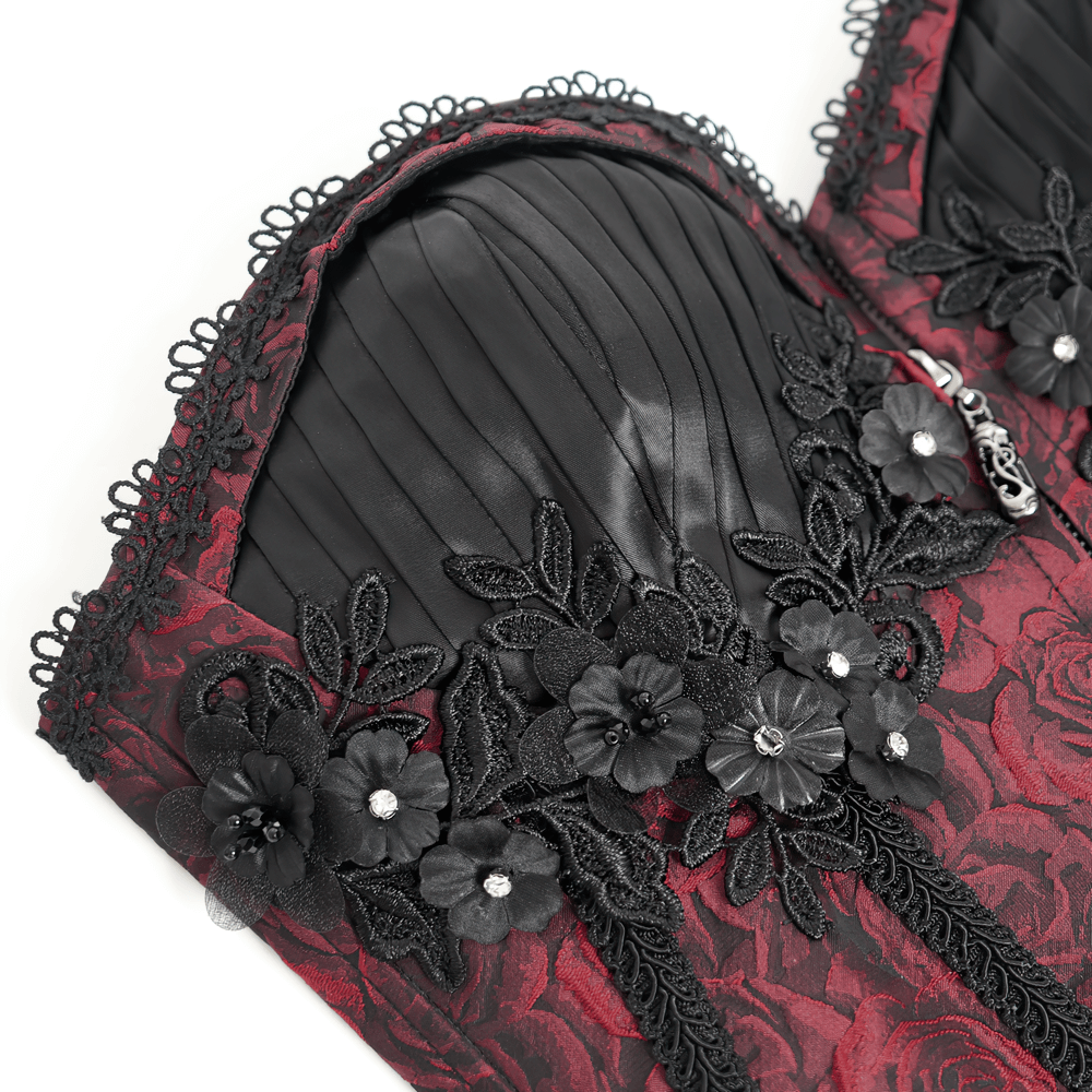 US SALE of Gothic Lace-Up Wine Red Corset with Ruffle Trim and Zipper
