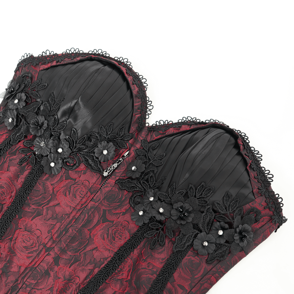 US SALE of Gothic Lace-Up Wine Red Corset with Ruffle Trim and Zipper