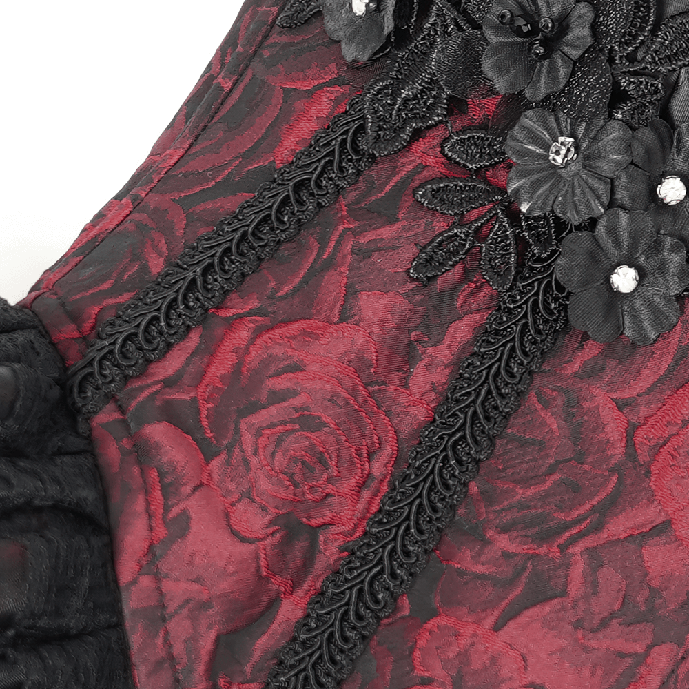 US SALE of Gothic Lace-Up Wine Red Corset with Ruffle Trim and Zipper