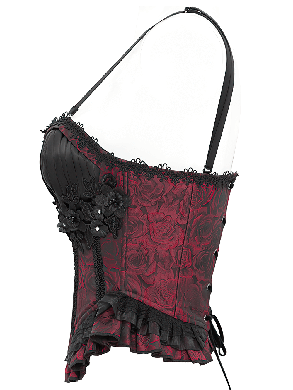 US SALE of Gothic Lace-Up Wine Red Corset with Ruffle Trim and Zipper