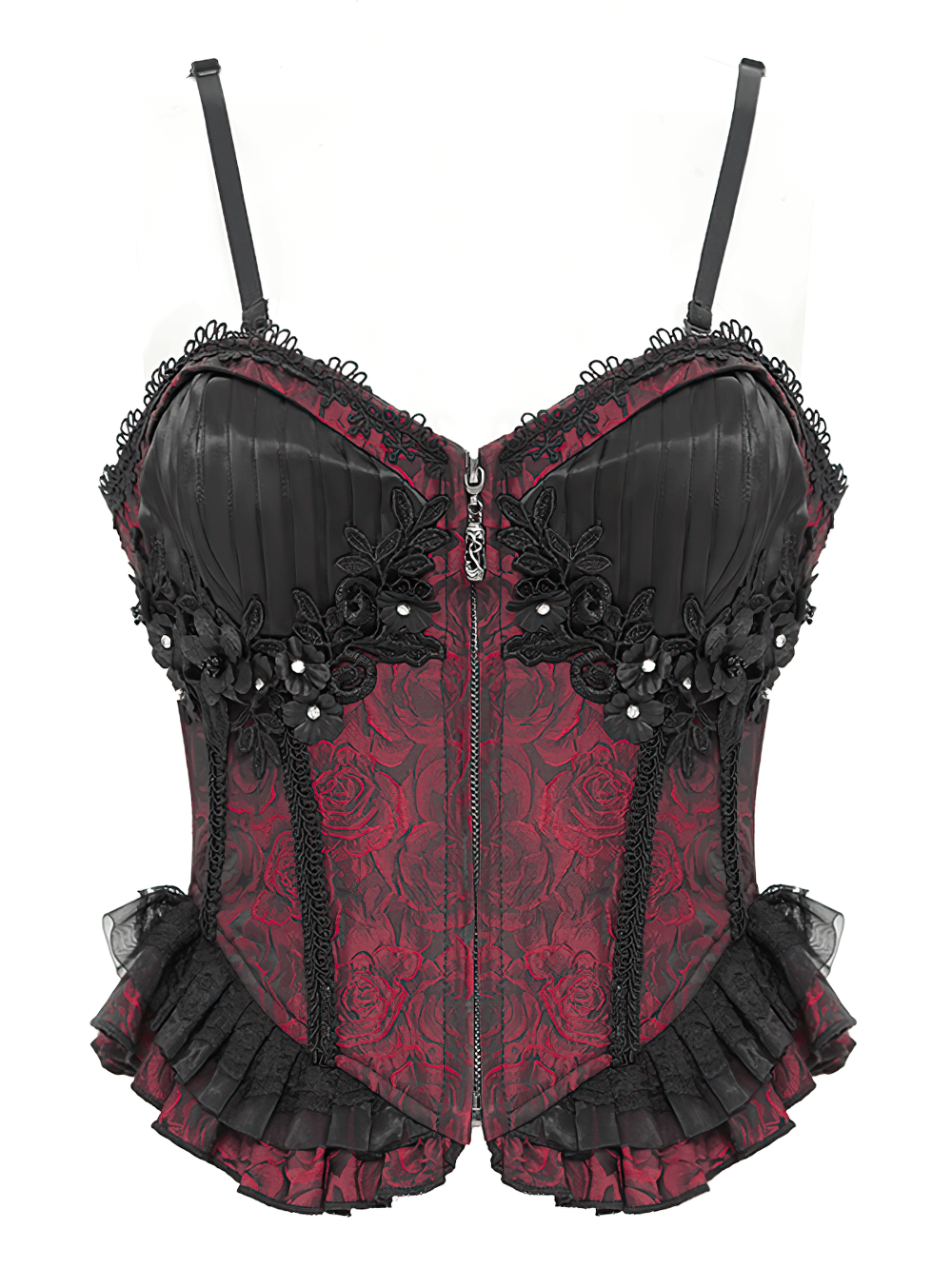 US SALE of Gothic Lace-Up Wine Red Corset with Ruffle Trim and Zipper