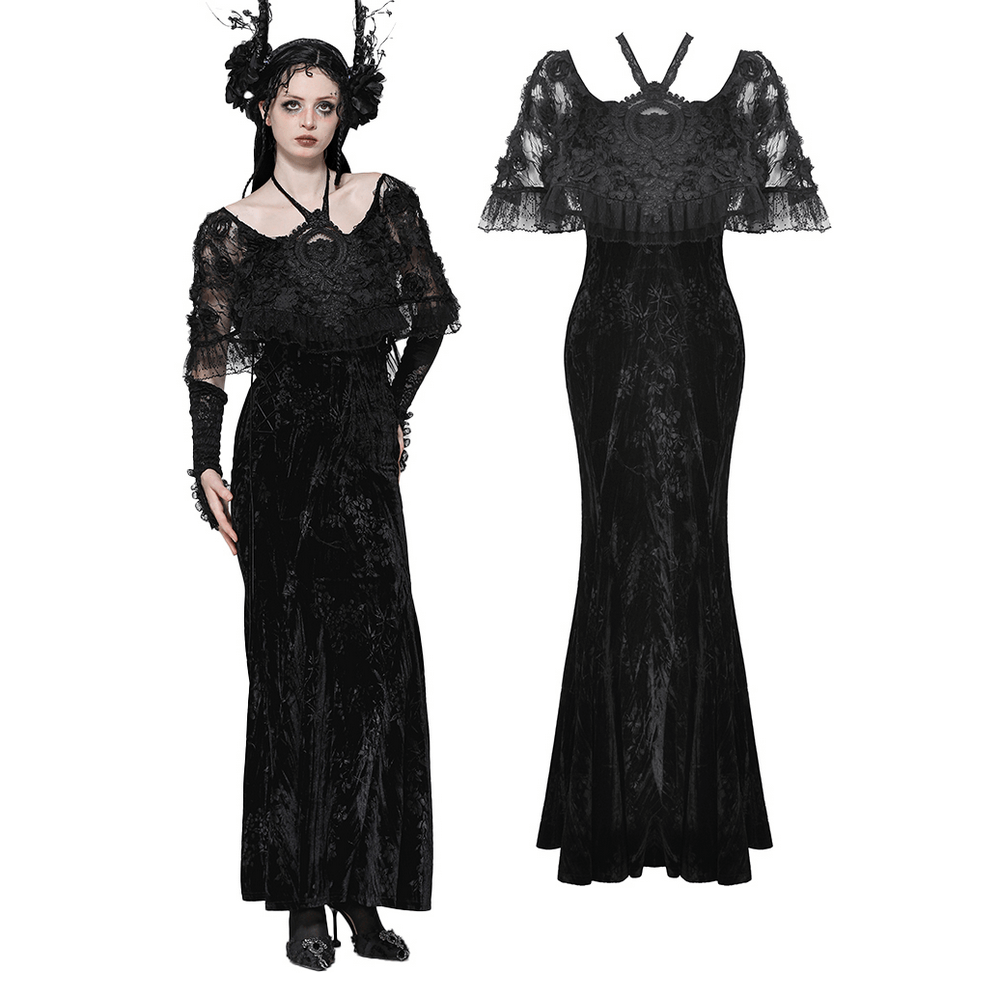 Gothic Lace Velvet Maxi Dress with Ruffled Hem
