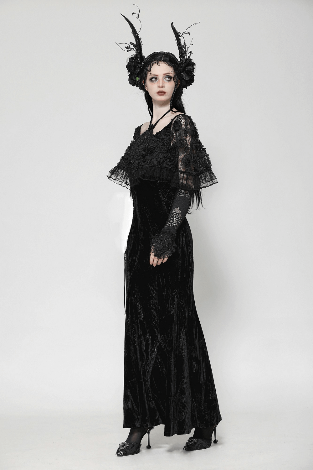 Gothic Lace Velvet Maxi Dress with Ruffled Hem