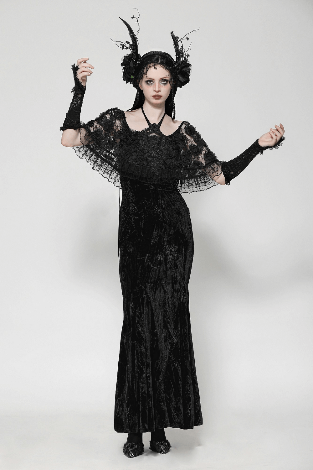 Gothic Lace Velvet Maxi Dress with Ruffled Hem