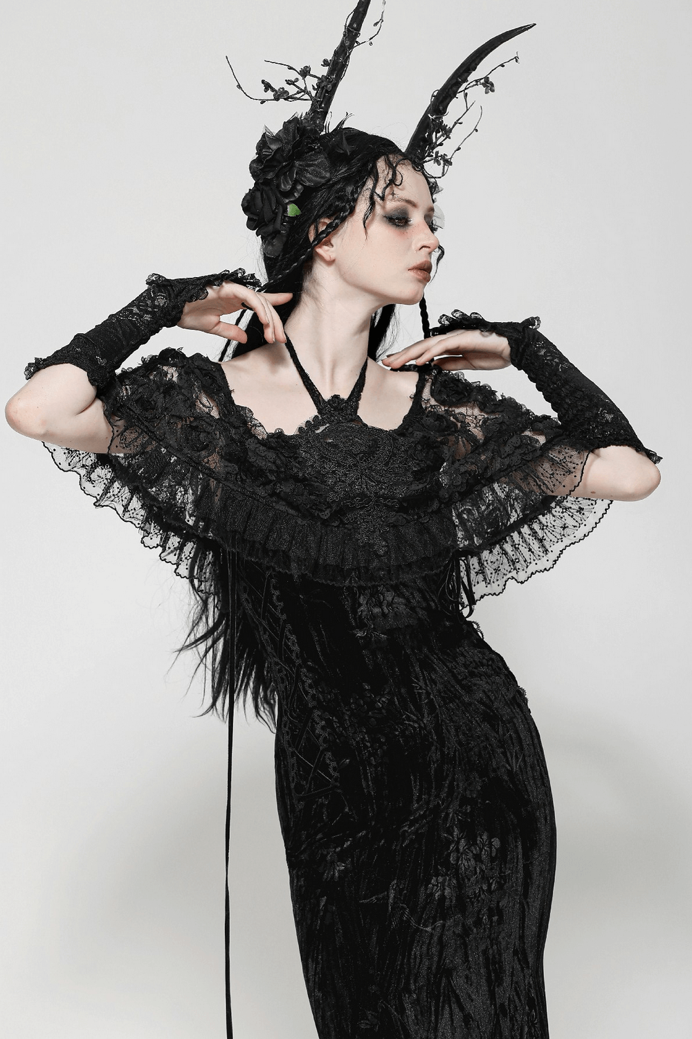 Gothic Lace Velvet Maxi Dress with Ruffled Hem