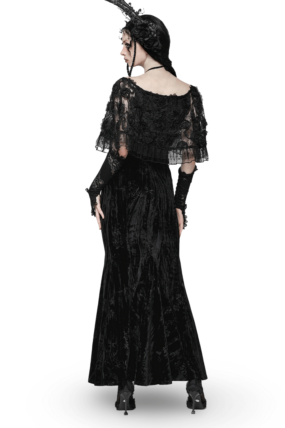 Gothic Lace Velvet Maxi Dress with Ruffled Hem