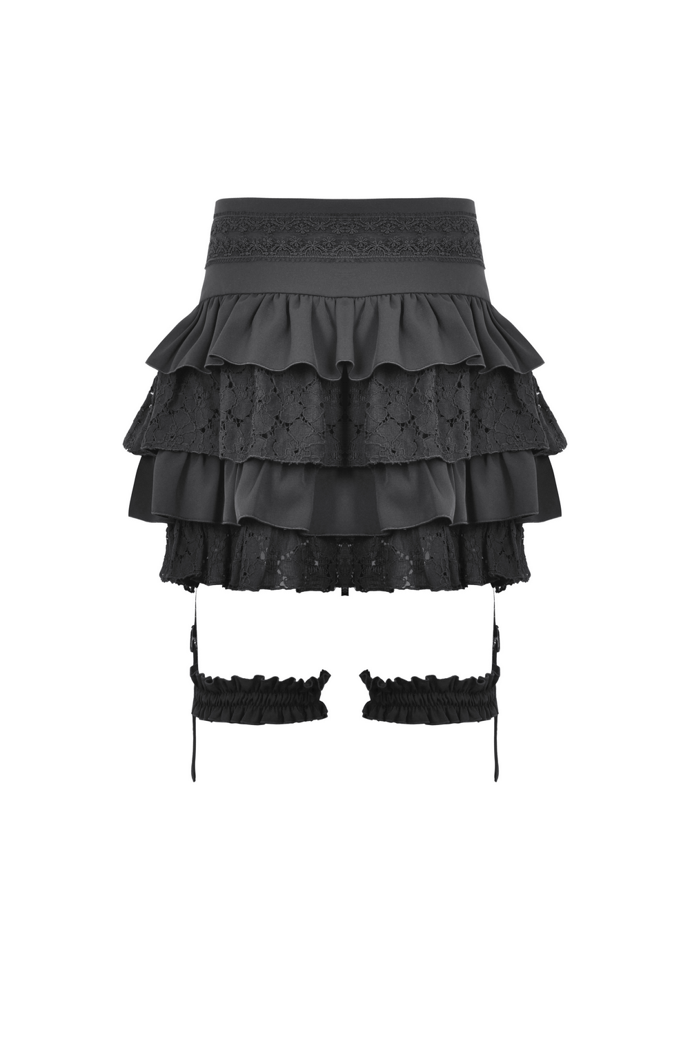 US SALE of Gothic Layered Ruffle Mini Skirt with Belt and Lace Details