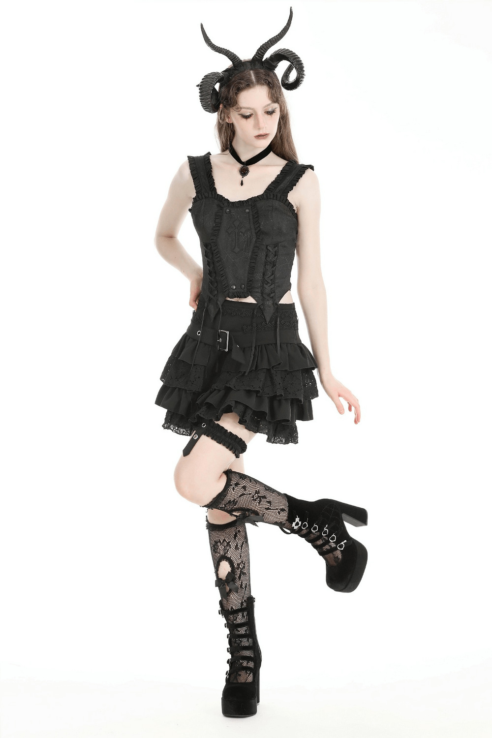 US SALE of Gothic Layered Ruffle Mini Skirt with Belt and Lace Details