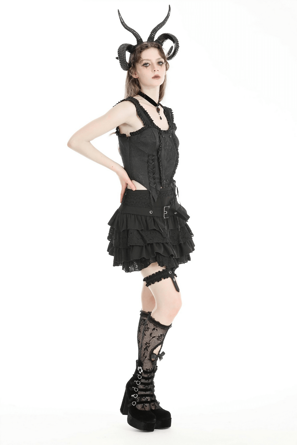 US SALE of Gothic Layered Ruffle Mini Skirt with Belt and Lace Details