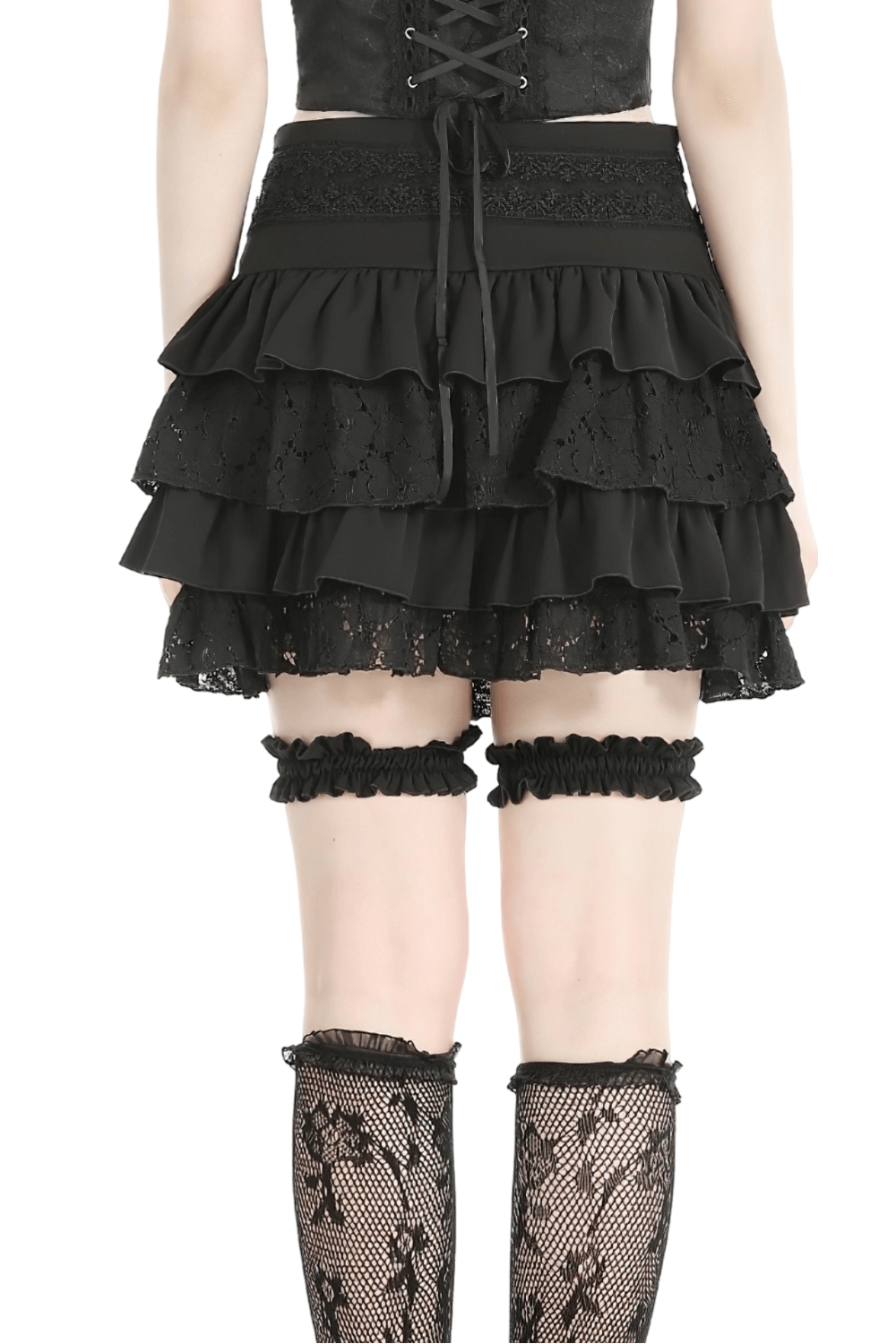 US SALE of Gothic Layered Ruffle Mini Skirt with Belt and Lace Details