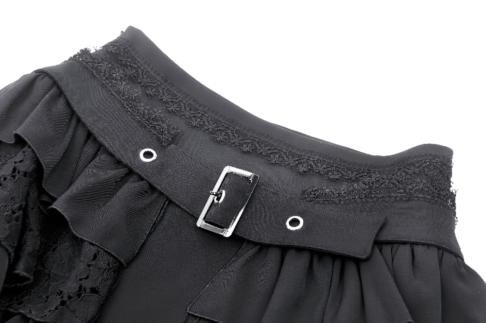 US SALE of Gothic Layered Ruffle Mini Skirt with Belt and Lace Details