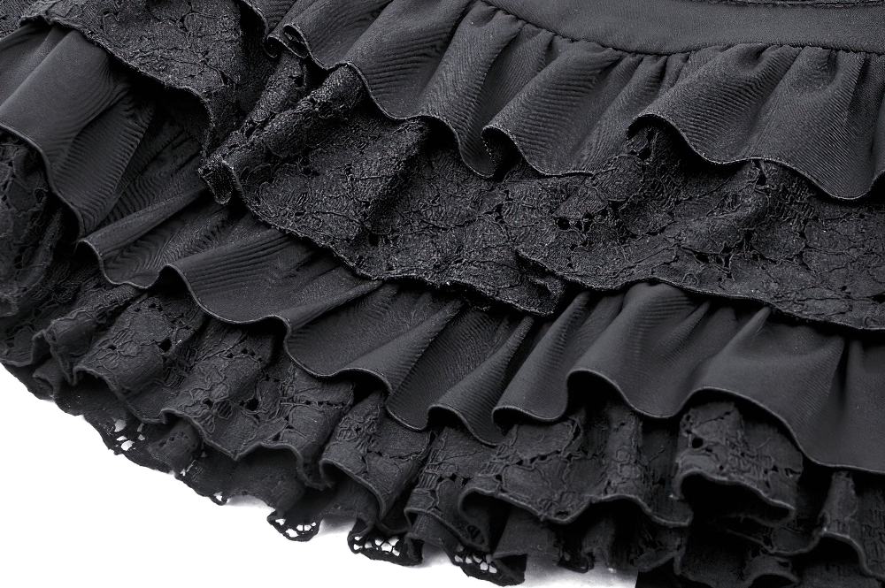 US SALE of Gothic Layered Ruffle Mini Skirt with Belt and Lace Details