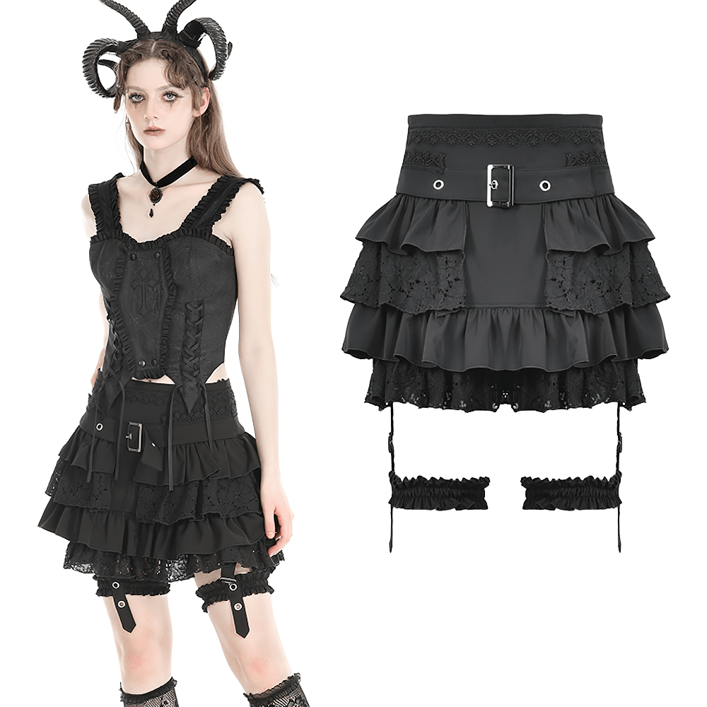 US SALE of Gothic Layered Ruffle Mini Skirt with Belt and Lace Details