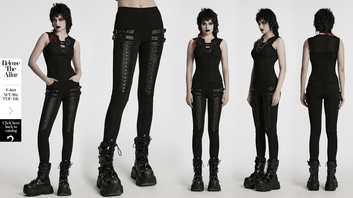 Gothic Leggings with 3D Pleats and Faux Leather Straps