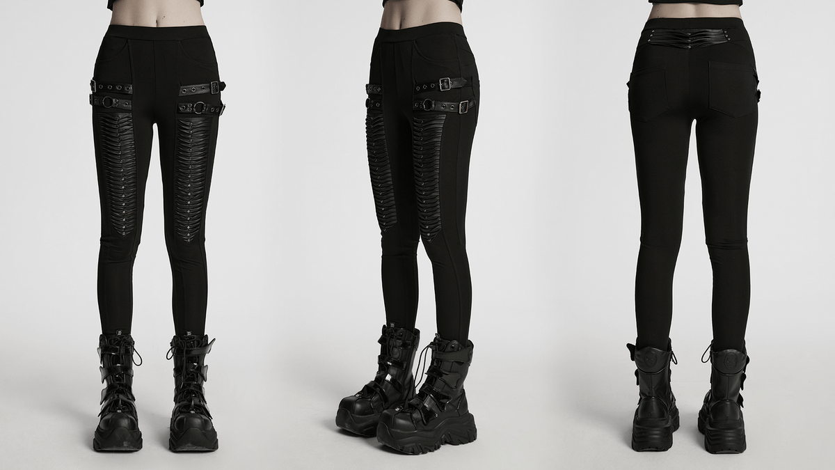 Gothic Leggings with 3D Pleats and Faux Leather Straps