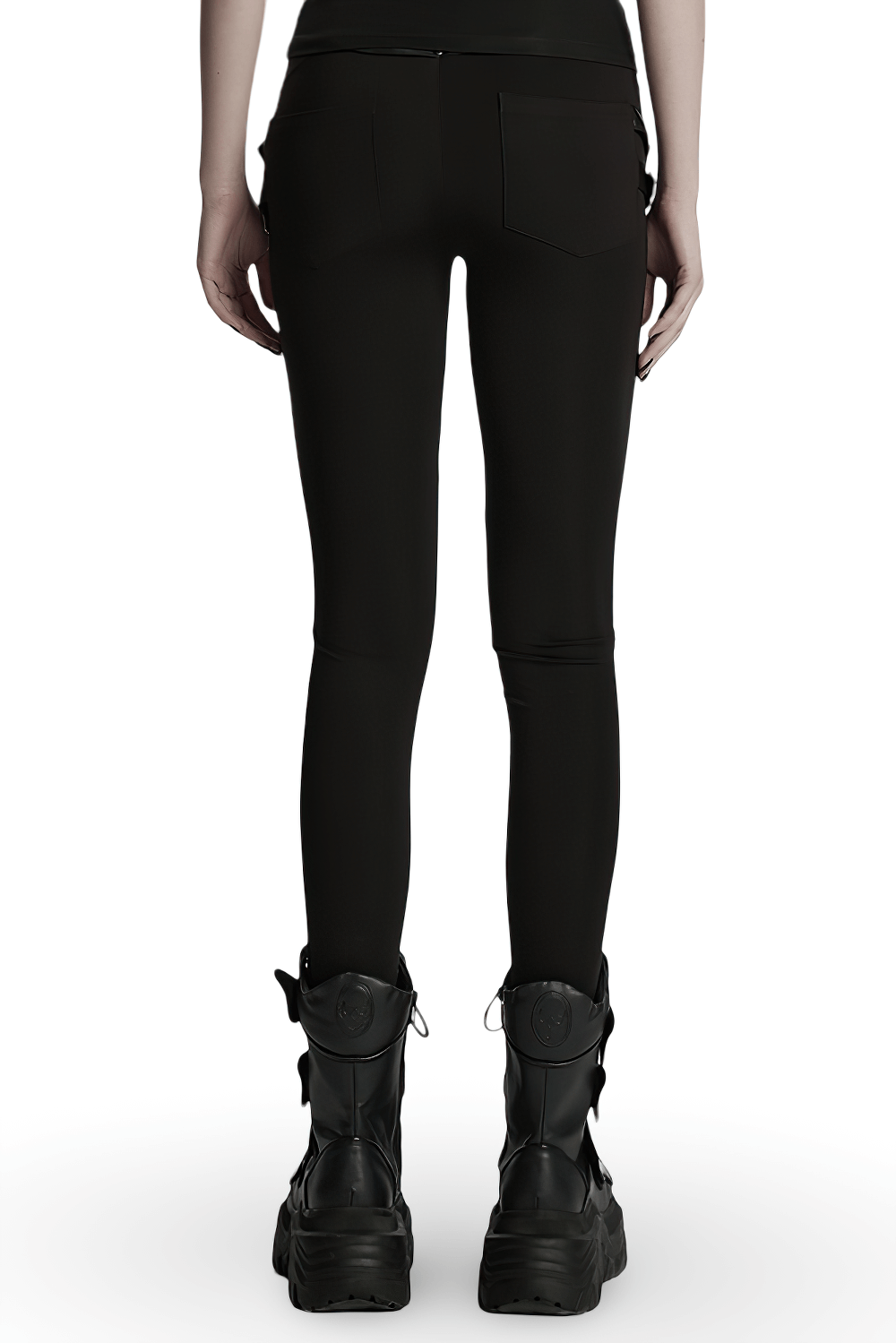 Gothic Leggings with 3D Pleats and Faux Leather Straps