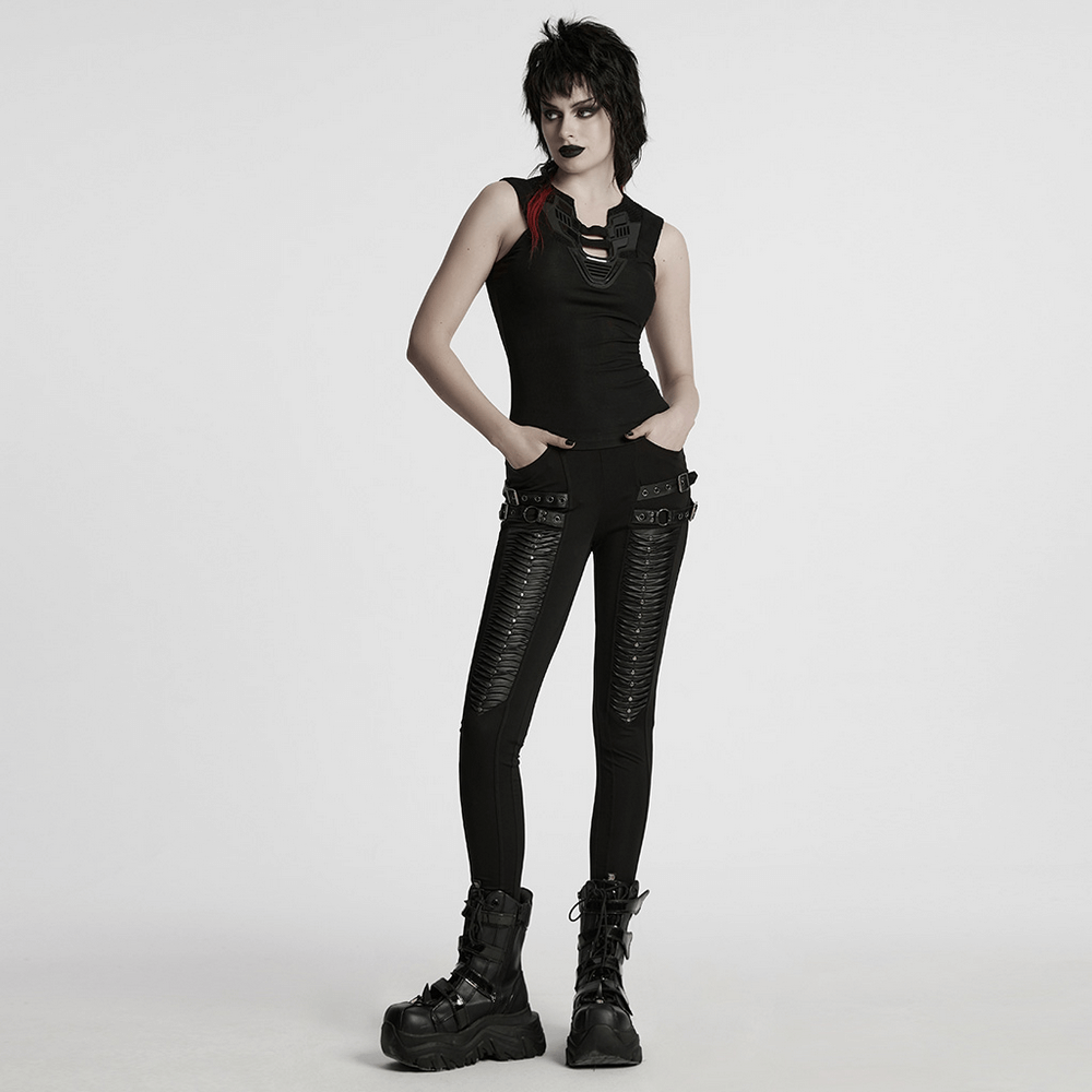 Gothic Leggings with 3D Pleats and Faux Leather Straps