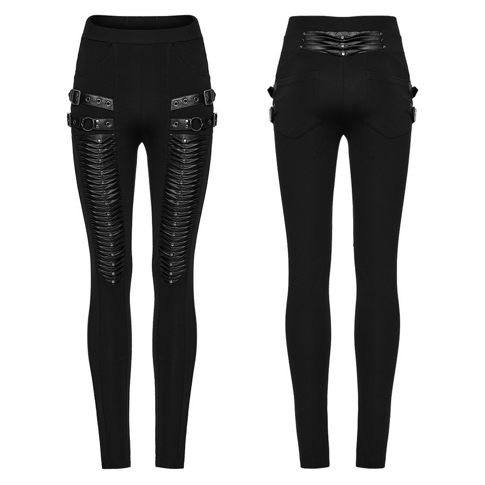 Gothic Leggings with 3D Pleats and Faux Leather Straps